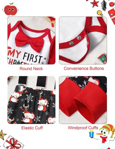 Vista 4 de WIQI Baby Boy Christmas Outfit 4PCS Newborn Romper Xmas Suspender Pants Santa Hat My First Christmas Baby Boy Outfits