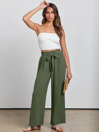 Vista 6 de ANRABESS Pantalones palazzo de pierna ancha para mujer con bolsillos, cintura alta, nudo de lazo, negocios, casual, de moda, bohemios