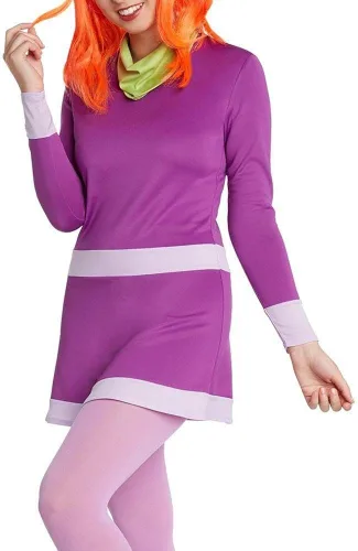 Vista 4 de Jerry Leigh Scooby-Doo Daphne Disfraz para adultos tamaño estándar un mini vestido morado una diadema y una bufanda verde