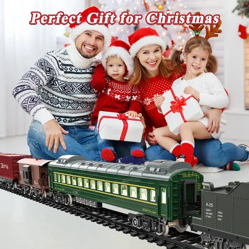 Vista 7 de Juego de Tren para Niños, Juguetes de Tren Eléctrico con Luces Realistas, Sonidos y Humo, Modelo de Tren de Navidad, Regalos para Niños Pequeños