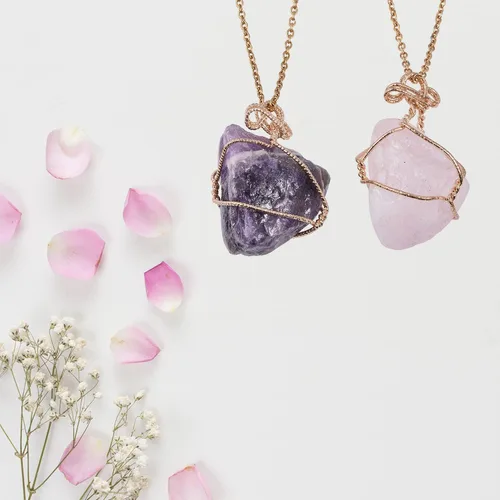 Vista 8 de Shop LC - Collares de cristal Juego de collar de piedras preciosas crudas de amatista curativa y cuarzo rosa, fluorita y cristal blanco, citrino