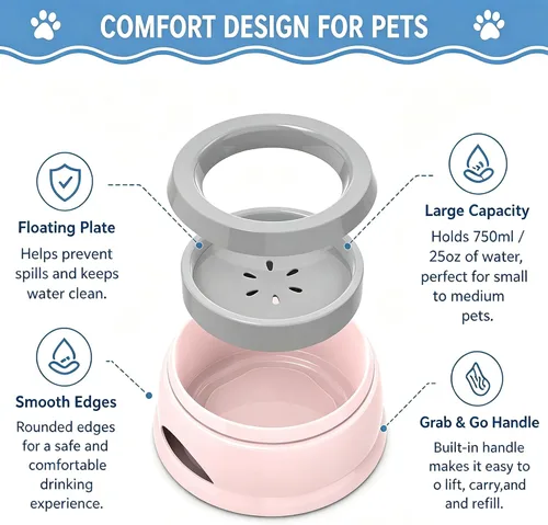 Vista 5 de Cuenco de agua antiderrames de 25 onzas para perros y gatos, pequeño cuenco Rosa