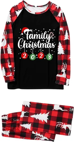 Vista 3 de Pijamas de Navidad a juego para la familia, pijamas clásicos de Navidad a cuadros rojos, divertidos pijamas lindos conjuntos de ropa de dormir