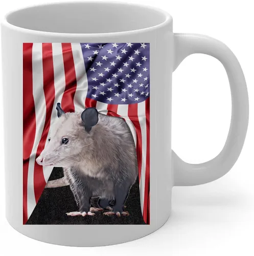 Vista 2 de Taza de café de cerámica blanca con diseño temático americano con zarigüeya, 11 onzas, regalos para amantes de los animales salvajes