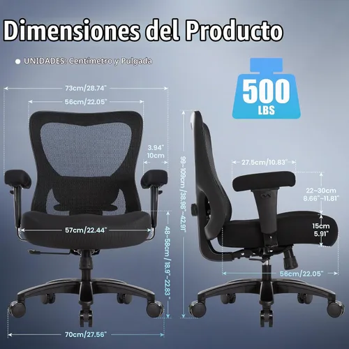 Vista 3 de Silla de escritorio de oficina grande y alta, 500 libras, silla de escritorio ergonómica de malla resistente