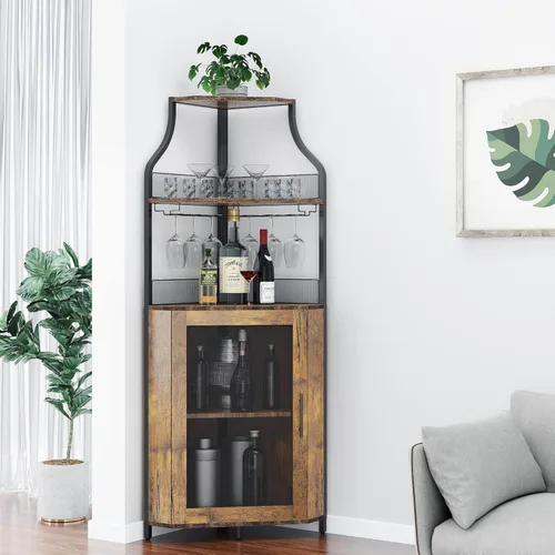 Vista 9 de GAOMON Armario esquinero para bar de vinos con estante desmontable para vinos, armario de bar con soporte para vidrio, aparador pequeño y gabinete