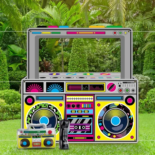 Vista 6 de Decoraciones de fiesta de los años 90 y 80 para radio, Boombox, accesorios inflables para cabina de fotos, teléfono móvil inflable para hip hop