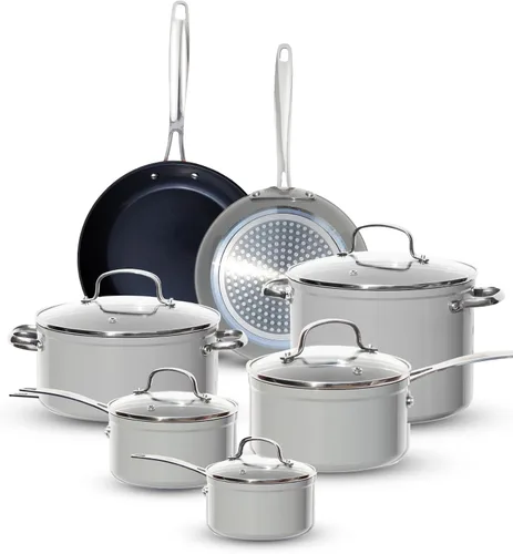 Vista 20 de Nuwave - Juego de 12 utensilios de cocina forjados y ligeros, revestimiento ultra antiadherente de cerámica Duralon G10 saludable, tapas de vidrio
