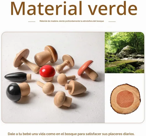 Vista 4 de Juguetes de madera con forma de hongos, bloques de madera Montessori, apilables, juguetes para niños pequeños, 11 piezas, hongos en miniatura 12