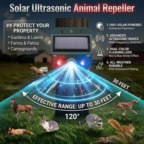 Vista 4 de Repelente solar ultrasónico nocturno de animales, 4 paquetes de disuasión ultrasónico para pájaros, gatos al aire libre para patio, luces