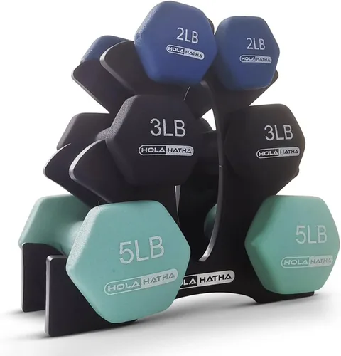 Vista 20 de HolaHatha 1, 2 and 3 lb Neoprene Dumbbell Strength Training Weight Set with Rack