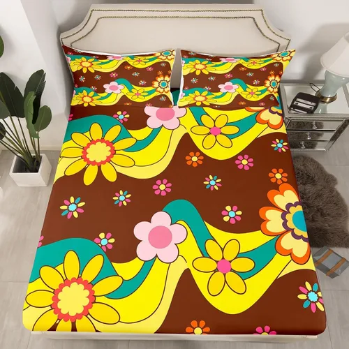 Vista 33 de Juego de ropa de cama con diseño floral bohemio, tamaño individual, diseño retro de flores groovy, 60S y 70S, diseño de flores hippie para niños