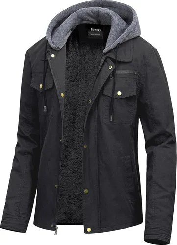 Vista 17 de Pursky Chaqueta de lona de algodón militar casual para hombre con capucha desmontable