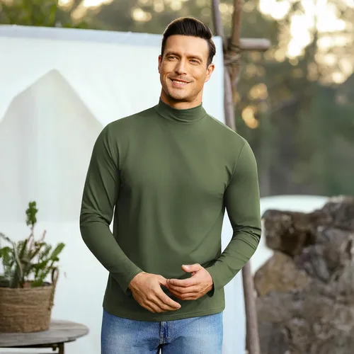 Vista 2 de Mens T Shirt Long Sleeve Basic Mock Turtleneck Pullover Thermal Solid Tops Verde militar