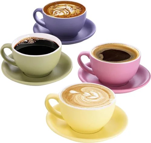 Vista 9 de Yundu Ceramics Latte Cup and Saucer - 10 onzas para capuchino, té, café moca, juego de 4, color mixto mate 4 colores mate oscuro