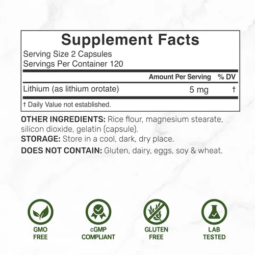 Vista 2 de Orotato de litio de 5 mg, 240 cápsulas – Suplementos de litio altamente biodisponibles y estables – Sal mineral de fácil absorción en forma suave