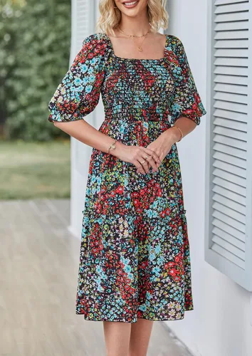 Vista 6 de PRETTYGARDEN - Vestidos informales de verano y primavera para mujer, manga abombada, cuello cuadrado, acampanados, bohemios, florales, fruncidos
