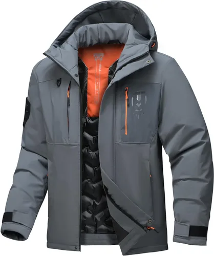 Vista 11 de Chaqueta térmica impermeable a prueba de viento para hombre, con capucha, aislada, ligera, abrigo de nieve de invierno con múltiples bolsillos