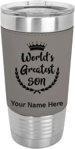 Vista 16 de LaserGram Vaso aislado al vacío de 20 onzas, el hijo más grande del mundo, grabado personalizado incluido (piel sintética, estilo béisbol)