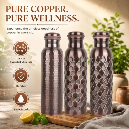 Vista 2 de Alpha Living Home Pure Copper Water Bottle Set of 3 - Handcrafted Drinking Bottles with Hammered, Diamond & Honeycomb Design - Leak Proof Wide Mouth