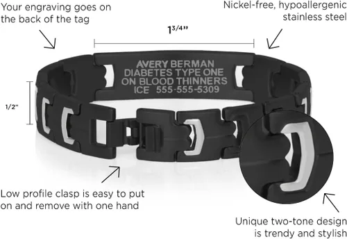 Vista 6 de Lauren's Hope Pulsera de identificación de alerta médica de acero duradero para hombres y mujeres, grabado personalizado, diabetes, marcapasos