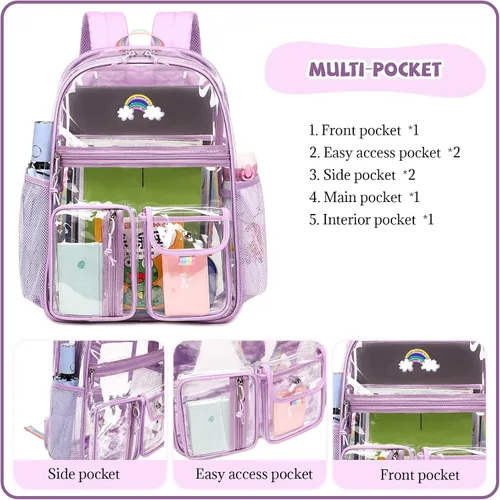 Vista 4 de Lanola Mochila aprobada para estadios, mochila transparente de PVC resistente, bolsa transparente para bolsas de libros de escuela secundaria