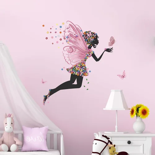 Vista 5 de Calcomanías de pared de mariposa para niña, calcomanías de pared de hadas de flores, calcomanías de vinilo extraíbles para niñas, bebés, guardería