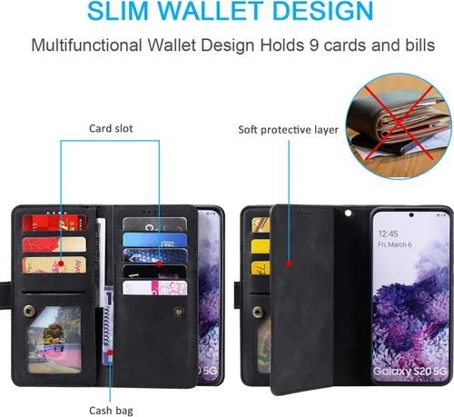Vista 2 de UEEBAI Funda tipo cartera para Samsung Galaxy S20 FE 5G, Retro 9 ranuras para tarjetero, bolsillo con cremallera, cierre magnético, función atril