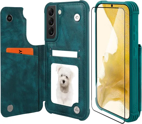 Vista 12 de VANAVAGY Funda tipo cartera compatible con Galaxy S22 con soporte para tarjetas de bloqueo RFID, piel sintética, cierre magnético, función atril