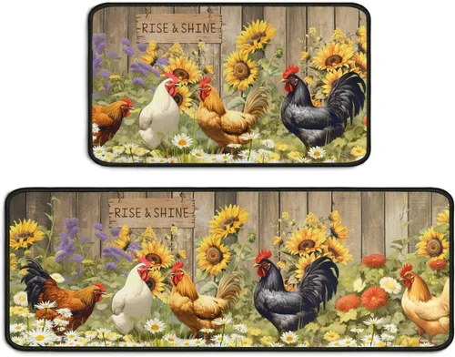 Vista 8 de Juego de 2 alfombras de cocina con temática de gallo, decoración de granja, tapetes absorbentes y antideslizantes, lavables, decoración de girasol
