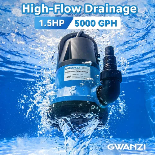 Vista 2 de Bomba de agua sumergible azul con manguera de 25 pies