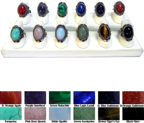 Vista 4 de Mia Jewel Shop Anillo ajustable ovalado semiprecioso de cristal curativo con borde de metal plateado, joyería hecha a mano para mujer, accesorios