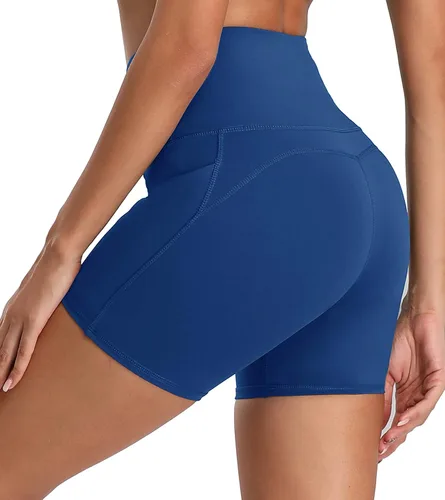 Vista 2 de Oalka Pantalones cortos de yoga para mujer, con bolsillos laterales, cintura alta, para entrenamiento, correr, deportes, 4 pulgadas