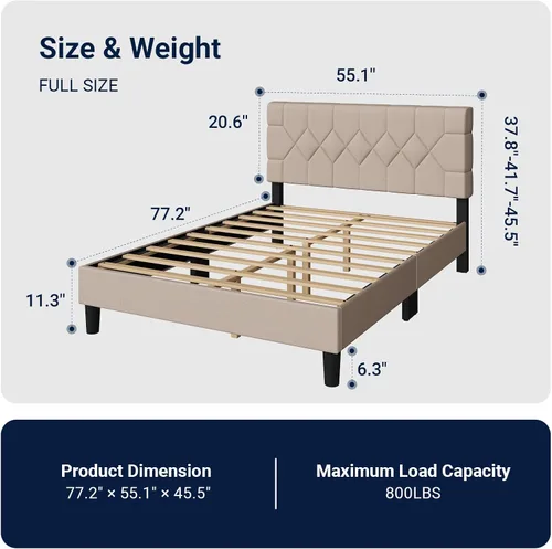 Vista 2 de Avenco Base de cama de tamaño matrimonial, base de cama tapizada con cabecera ajustable de 3 alturas, fácil montaje sin herramientas
