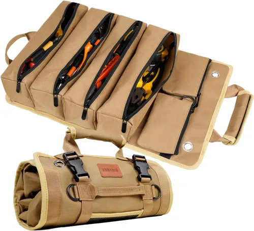 Vista 10 de Bolsa de herramientas enrollable, organizador de herramientas portátil resistente con 2 bolsas desmontables y 4 compartimentos, rollo