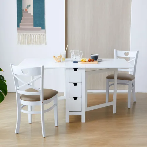 Vista 8 de Livinia Wings - Mesa de comedor de madera con patas de puerta, madera maciza expandible, con hoja caída, ahorro de espacio, con 6 cajones totalmente