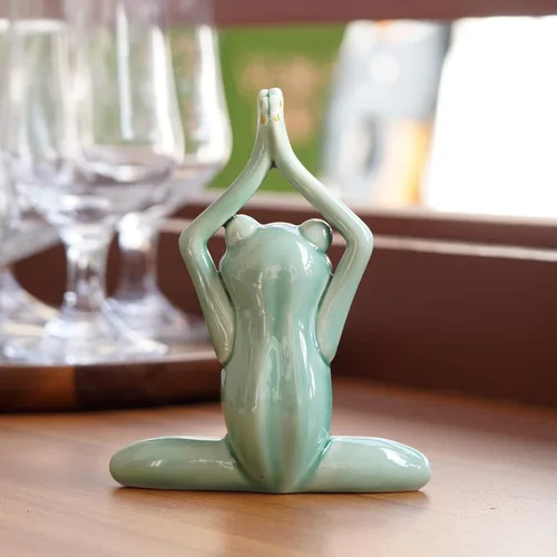 Vista 4 de OwMell Rana Zen de Cerámica para Decoración, Estatua de Rana en Pose de Yoga para Meditación Cerámica para Decoración Zen del Hogar - Namaste