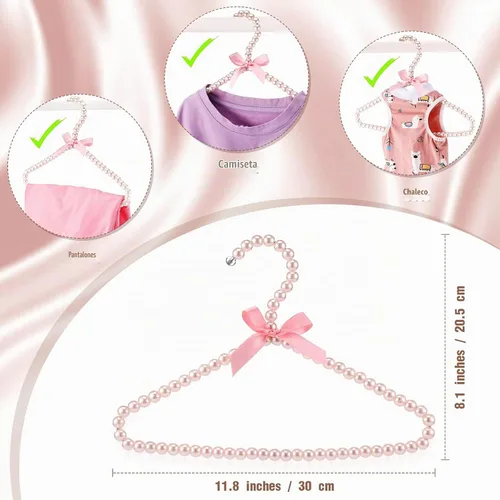 Vista 6 de Threan Rosa 12 piezas de perchas de ropa con cuentas de perlas mini con cuentas de perlas pequeñas de metal con cinta, estándar para niños, bebés