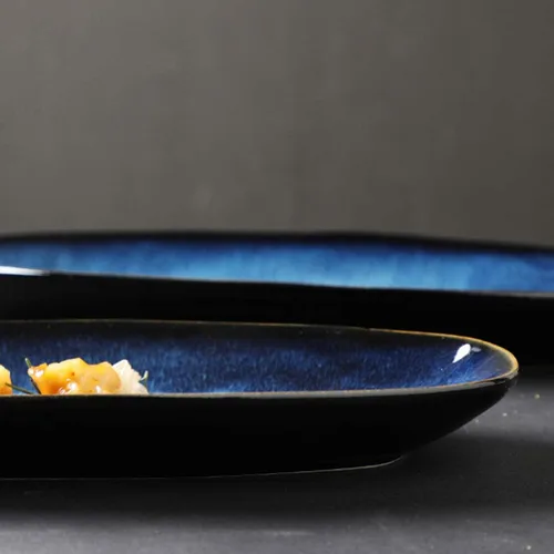 Vista 5 de Cabilock Bandeja de pescado Placa de sushi de cerámica Blue Black Snack Serving Plate para fiesta de boda