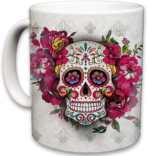 Vista 15 de Sweet Gisele Taza de cerámica de calavera de azúcar, taza de café con estampado floral, diseño del Día de los Muertos, hermosos colores vivos, gran