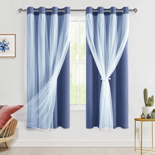 Vista 54 de Hiasan Cortinas opacas con superposición transparente, aislamiento térmico para mezclar y combinar de doble capa, cortinas de oscurecimiento de Beige
