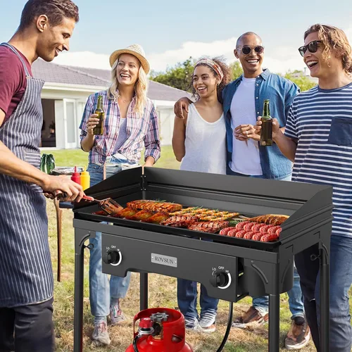 Vista 7 de ROVSUN Estufa de camping al aire libre de 2 quemadores con panel de viento, quemador de propano de 150,000 BTU, cocina de gas con patas desmontables