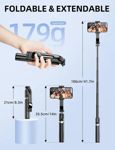 Vista 3 de Trípode para selfie stick de 41 pulgadas, extensible portátil 4 en 1, trípode de aluminio para teléfono con control remoto inalámbrico, rotación