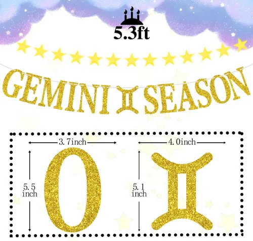 Vista 2 de Cartel de la temporada de Géminis con purpurina dorada, letrero de feliz cumpleaños, energía de géminis grande, 12 constelaciones del zodiaco tema