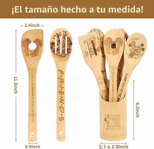 Vista 3 de Cuchara de madera para cocinar, cucharas de madera de dibujos animados, juego de utensilios de bambú para decoración de cocina, regalo