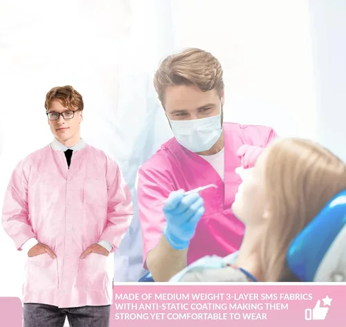 Vista 30 de Paquete de 10 chaquetas desechables de laboratorio, chaqueta médica reutilizable hasta la cadera, unisex, con puños de punto y bolsillos