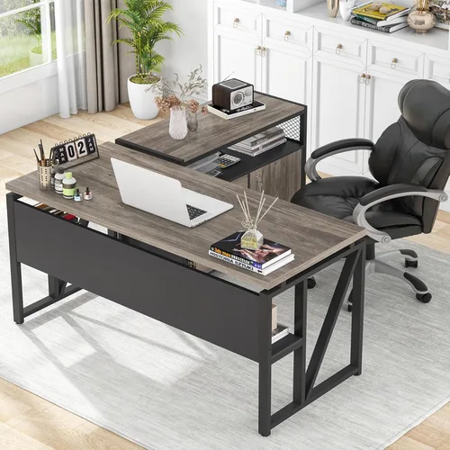 Vista 16 de Tribesigns Escritorio en forma de L de 55 pulgadas con cajón, escritorio ejecutivo para computadora y archivador lateral, 2 piezas de muebles