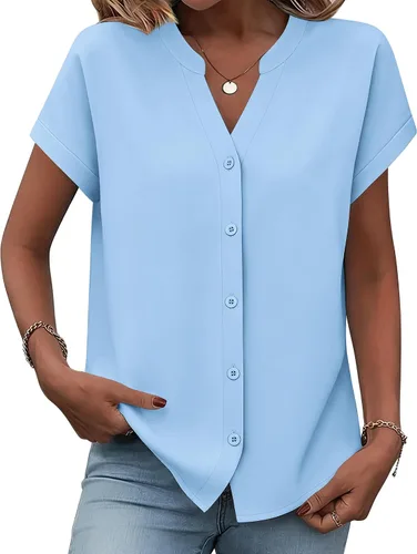Vista 8 de Zeagoo Camisas con botones para mujer, camisetas de manga corta, cuello en V, blusas casuales de negocios