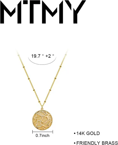 Vista 4 de MTMY Collar de moneda de oro de 14 quilates, chapado en oro de 14 quilates, delicado collar con dije de moneda de oro para mujer, collar de disco
