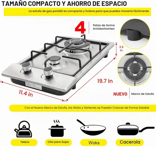 Vista 6 de Cocina de gas de 12 pulgadas, estufa de gas integrada de 2 quemadores de acero inoxidable con kit de conversión de NG/LPG, protección de termopar